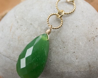 Emerald Green Faceted Jade Pear Pendant Necklace, 14kt Goldfill