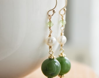 Green Nephrite Jade Pearl Earrings with Peridot Beads, 14KT Gold Fill Earrings, White Freshwater Pearls