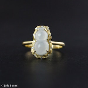 Icy White Jadeite Gourd Ring – Good Luck Ring – 18KT Yellow Gold