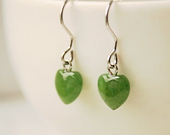 Green Jade Heart Earrings, Dainty Jade Heart Dangle Earrings, Healing Green Chakra, Carved Nephrite Jade Heart Earrings