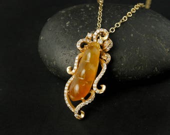 Gold Honey Natural Untreated Type A Jadeite Pendant Necklace – Intricate Diamond and 18kt Solid Gold- Carved Bean