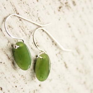 Green Jade Oval Drop Earrings, Sterling Silver, Emerald Green Modern Jade Earrings,