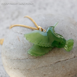 Gold Jade Hummingbird Necklace,  Genuine Jade Bird Pendant