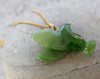 Gold Jade Hummingbird Necklace,  Genuine Jade Bird Pendant