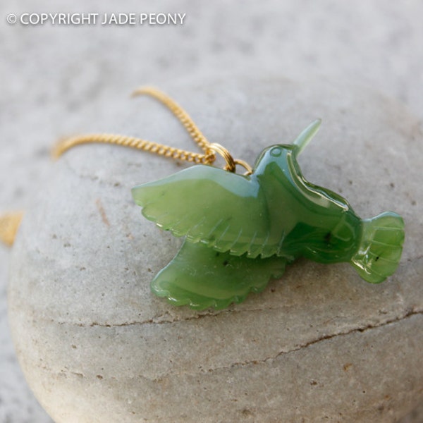 Gold Jade Hummingbird Necklace,  Genuine Jade Bird Pendant