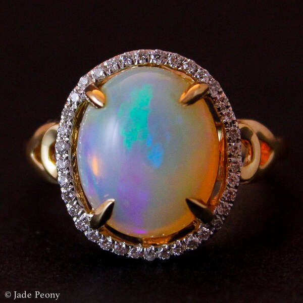 White Austalian Opal Ring - Halo Diamond - 14KT Gold - Engagement Ring