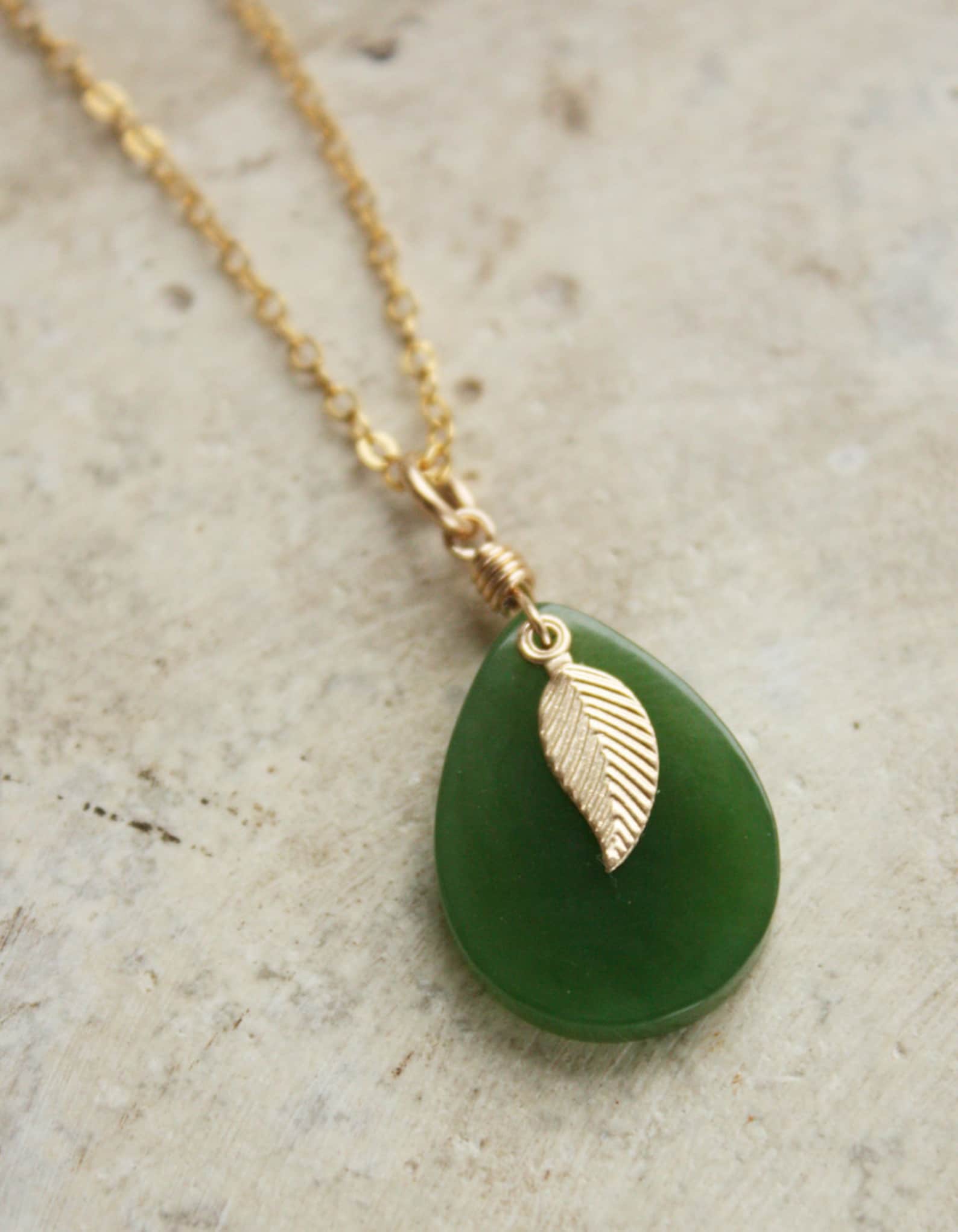 Nephrite Jade Necklace Teardrop Gold Feather Etsy