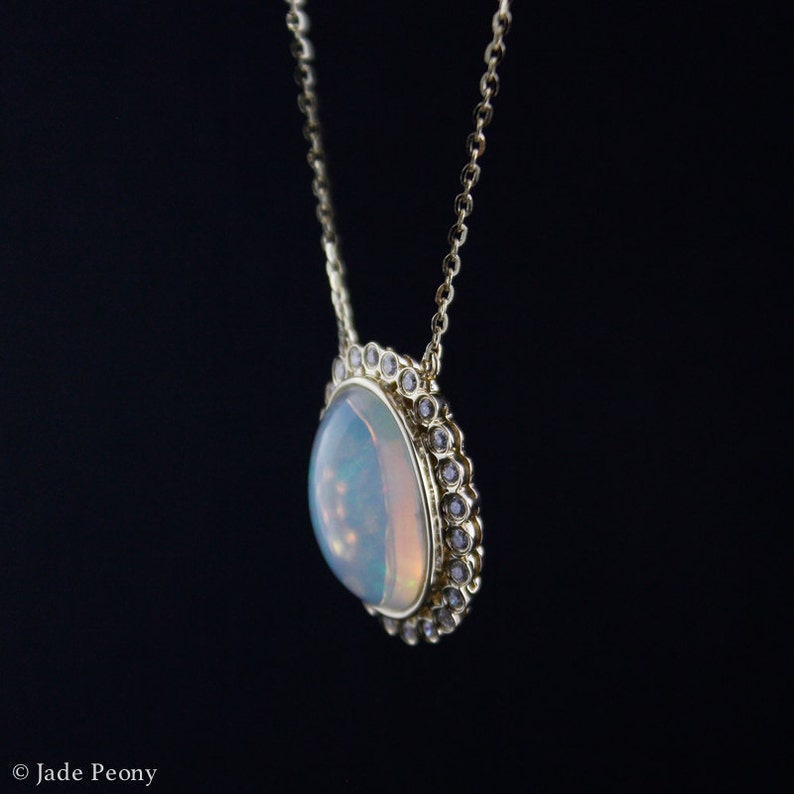 Halo Diamond Solid White Oval Opal Necklace Art Deco Opal - Etsy