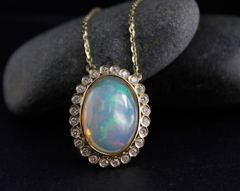 Halo Diamond Solid White Oval Opal Necklace, Art Deco Opal Design