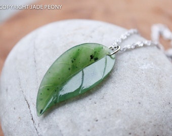 Silver Jade Leaf Necklace, Green Nephrite Jade Pendant, Sterling Silver Carved Jade Necklace