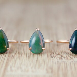 Pear Cut Australian Black Opal Gemstone Rings, Rose Gold, October Opal Gifts