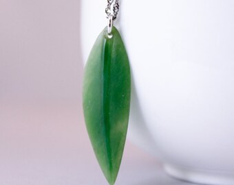 Green Nephrite Jade Leaf Necklace: Sterling Silver Chain