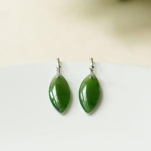 Silver Green Nephrite Jade Marquise Earrings, Green Jade Leaf Earrings, 35th Anniversary Gift for Wife, Raw Jade Earrings, Gift for Mom
