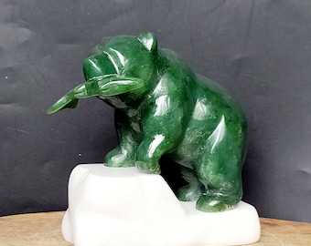 Green Jade Grizzly Bear with Salmon Fish on Base, Carved Jade Bear with Fish, Protective Crystal, 35th Anniversary Gift, Wealth Crystal