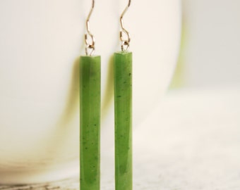 Green Jade Rectangular Drop Earrings, Emerald Green, Zen Stone, Sterling Silver