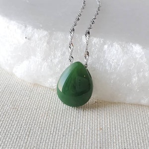 Emerald Green Nephrite Jade Necklace - Teardrop - 925 Sterling Silver, Jade Pear Pendant