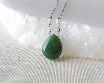 Emerald Green Nephrite Jade Necklace - Teardrop - 925 Sterling Silver