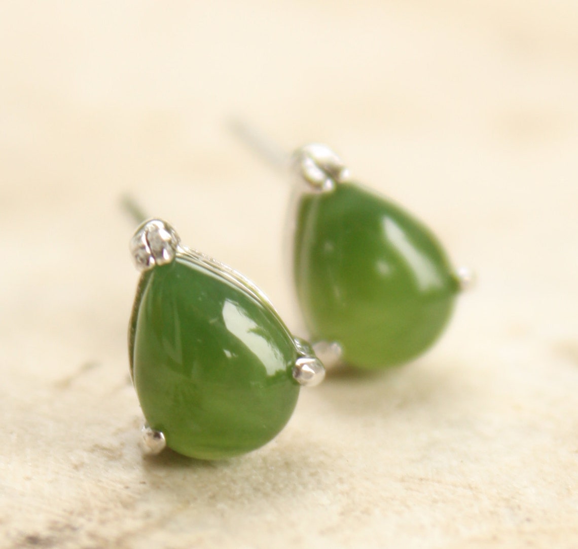Teardrop Stud Earrings Green Jade Studs Sterling Silver Etsy