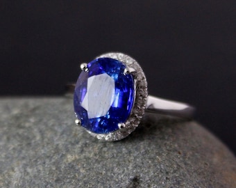 Blue Kyanite Ring, Halo Setting, 14KT White Gold, Engagement Ring