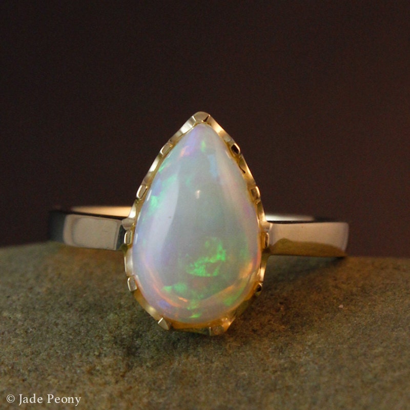 10 KT Gold Solid White Opal Gemstone Ring Teardrop Opal Ring | Etsy