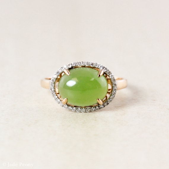 Rose Gold Nephrite Jade Ring: White Diamond Halo, 35th Anniversary