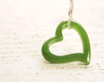 Green Jade Heart Necklace, Emerald Green Nephrite Jade, Floating Heart Pendant, Healing Heart Chakra, Anniversary Gift for Wife