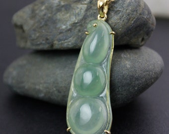 Icy Jadeite Carved Pea Pod Pendant Necklace, Lucky Beans Jadeite Necklace, 18KT Yellow Gold