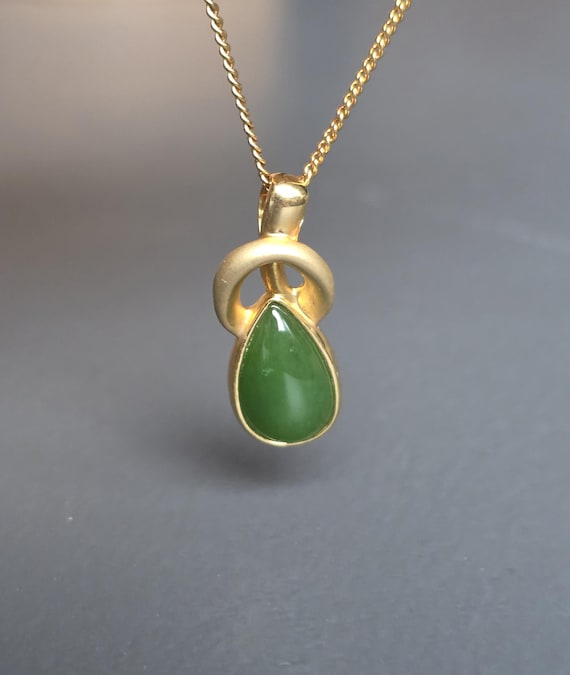 Nephrite Jade Pear Pendant: Green Teardrop Necklace, Gold Plated