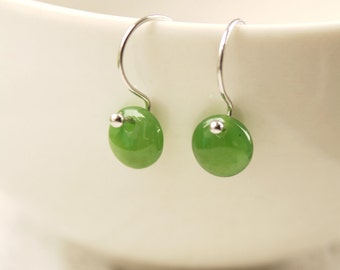 Round Green Jade Earrings - Green Dots - Sterling Silver