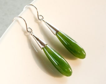 Silver Green Nephrite Jade Teardrop Earrings, 35th Anniversary Gift for Wife, Healing Jade, Good Luck Earrings, Emerald Green Dangles