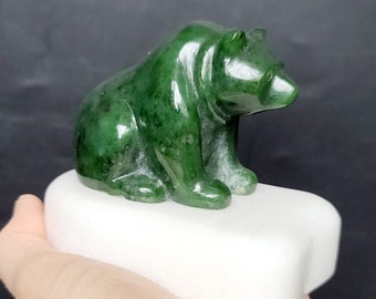 Jade Grizzly Bear Sitting, Nephrite Jade Bear on Base, 35th Anniversary Gift, Alaskan Wildlife, Protective Crystal