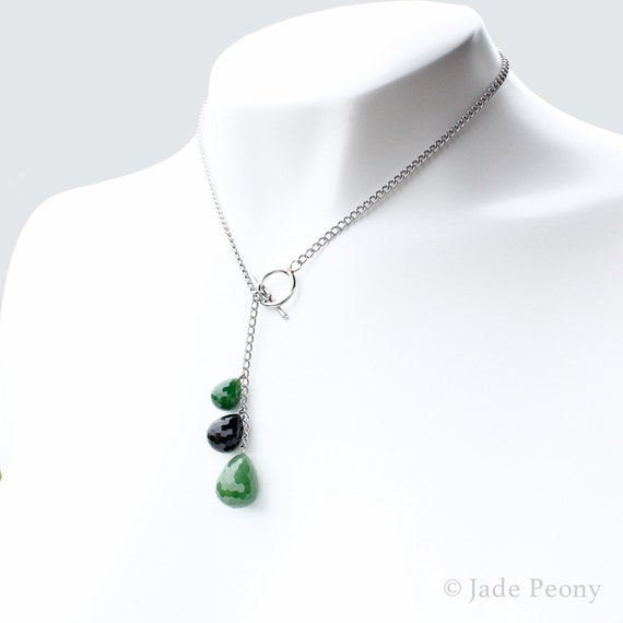 Green Nephrite & Black Jade Lariat Necklace - Stainless  display picture 2