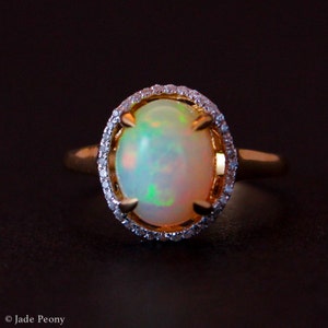 White Opal Gemstone Ring, October Birthdays, Diamond Halo Setting