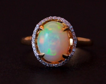 White Opal Gemstone Ring, October Birthdays, Diamond Halo Setting