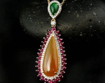 Natural Golden Honey Jadeite and Imperial Green Jadeite Necklace - Rubellite Tourmaline Pendant