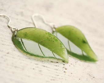 Nephrite Jade Leaf Earrings, Green Nephrite Jade, Emerald Green Jade Earrings, Healing Heart Chakra, Anniversary Gift for Wife