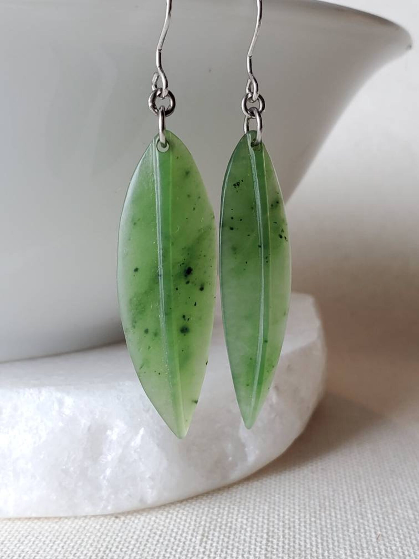 Carved Green Jade Leaf Earrings Nephrite Jade Leaf Earring Etsy