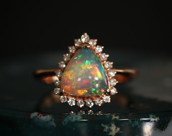 Rose Gold Solid Black Opal Engagement Ring, Opal Statement Ring, October Birthstone Ring, Trillion Cut Opal Ring, Vow Renewal Ring