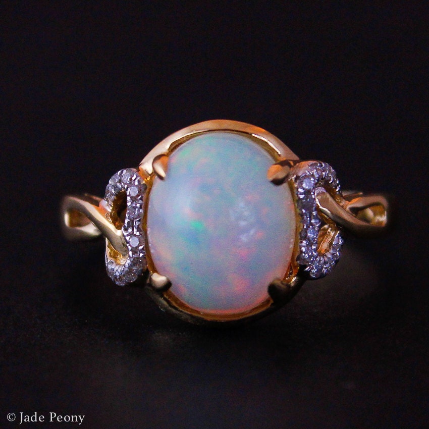 Solid White Australian Opal Ring 14kt Gold Statement Ring Etsy