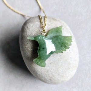 Gold Jade Hummingbird Necklace,  Genuine Jade Bird Pendant