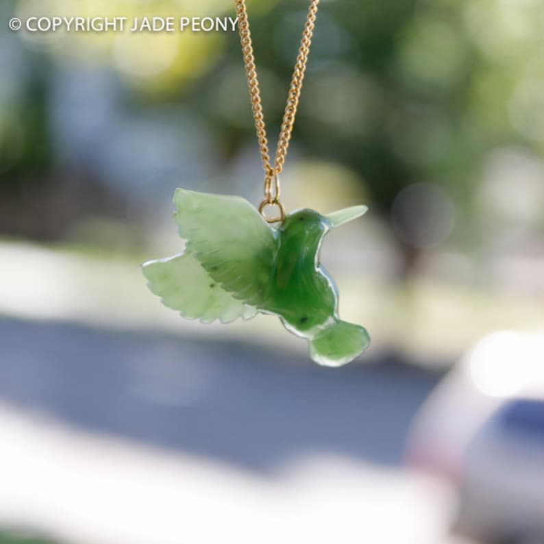 Gold Jade Hummingbird Necklace, Genuine Jade Bird Pendant image 2