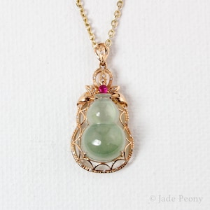 Icy Green Jadeite Gourd Necklace: 18Kt Rose Gold, Tourmaline & Diamond