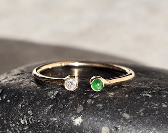 Emerald Green Icy Jade Diamond Ring, 14kt Gold, Modern Wedding Band