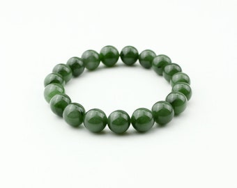 Nephrite Jade Bead Bracelet, Round Green Jade 10mm Bead Bracelet, Healing Jade Bracelet, 35th Anniversary Gift for Wife