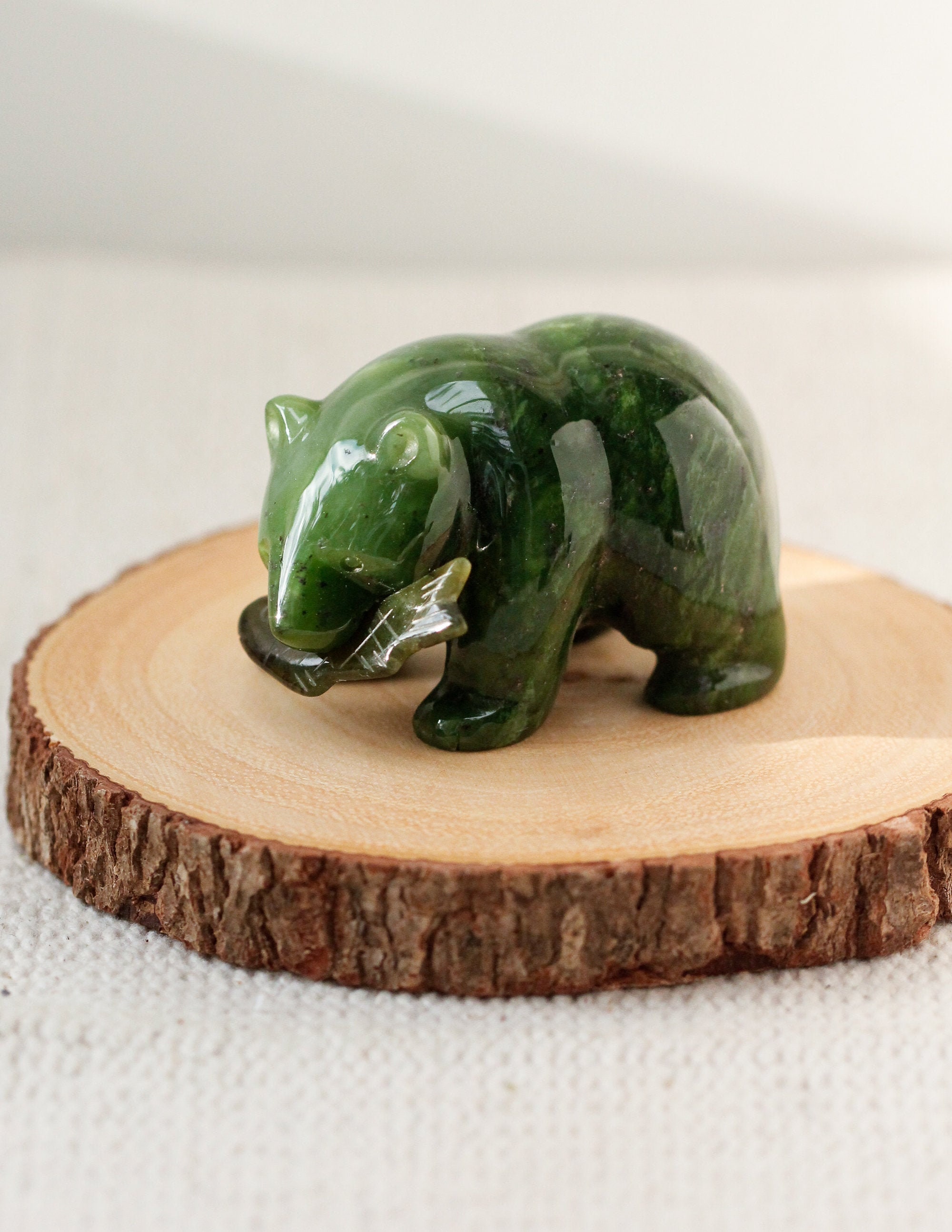 Green Nephrite Jade Grizzly Bear With Salmon Fish Carved Jade - Etsy