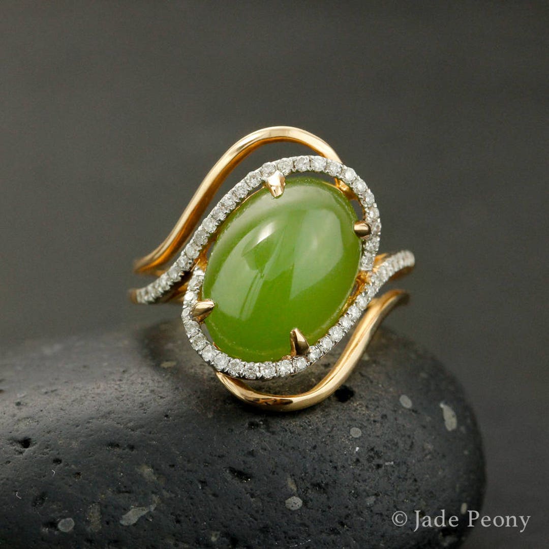Intricate Diamond and Green Jade Statement Ring Diamond Halo - Etsy