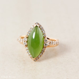 Marquise Green Nephrite Jade Ring: Diamond Halo, 18kt Rose Gold Bridal Ring