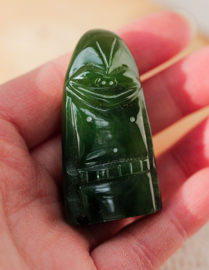 Green Jade Billiken Carving Good Luck Jade Palm Stone Etsy