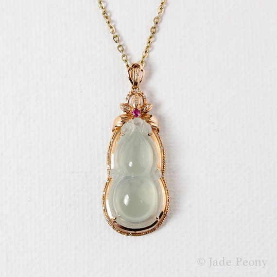 Icy White Sage Green  Gourd Jadeite Pendant Necklace, Type A Jadeite, Natural Untreated Jade
