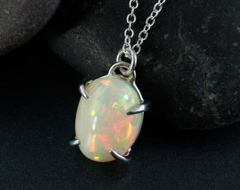 Milky White Australian Opal Necklace - 925 Silver - Oval Opal Necklace